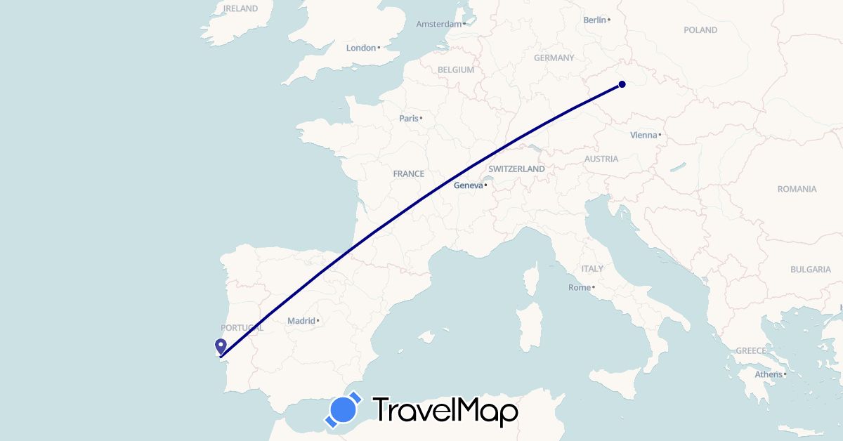 TravelMap itinerary: driving in Czech Republic, Portugal (Europe)